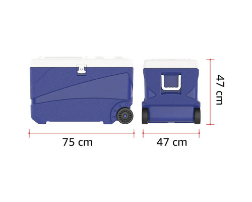 Ladă frigorifică albastră cu roți, lungime 75 centimetri, lățime 47 centimetri, înălțime 47 centimetri.