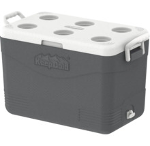 Ladă frigorifică gri din plastic cu capac alb prevăzut cu șase suporturi pentru pahare, două mânere laterale și dop de scurgere.