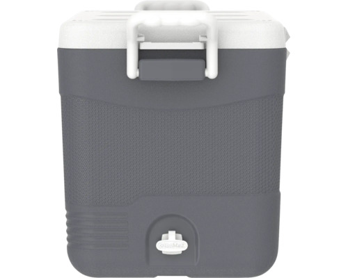 Ladă frigorifică gri din plastic cu capac alb, mâner de transport ergonomic și dop de scurgere pentru apa rezultată din topire.