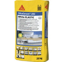 Sac de 25 kilograme SikaCeram-292 White ELASTIC, adeziv cimentos alb foarte deformabil pentru ceramică și mozaic, C2TE S2. Sika Logo.