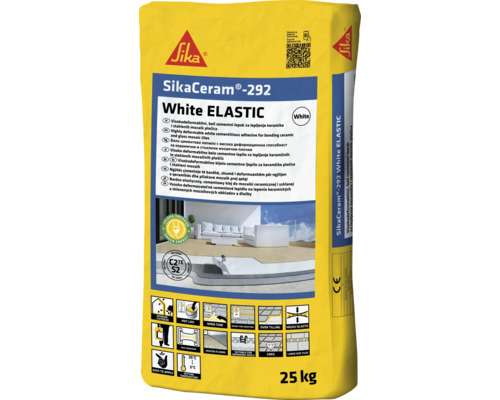 Sac de 25 kilograme SikaCeram-292 White ELASTIC, adeziv cimentos alb foarte deformabil pentru ceramică și mozaic, C2TE S2. Sika Logo.