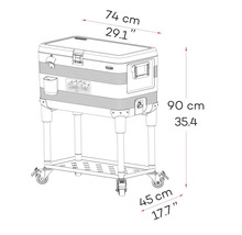Lădiță frigorifică mobilă pe roți cu desfăcător de sticle și raft, dimensiuni: lățime 74 centimetri, înălțime 90 centimetri, adâncime 45 centimetri.