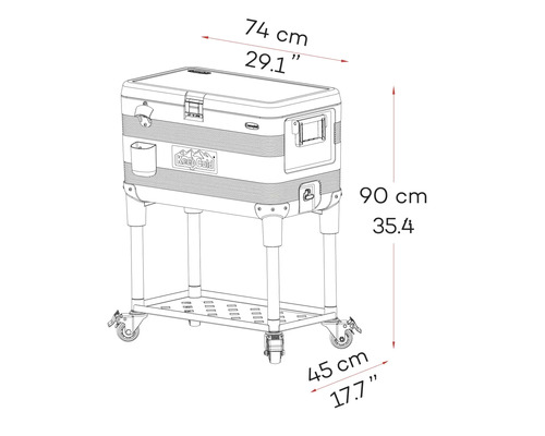 Lădiță frigorifică mobilă pe roți cu desfăcător de sticle și raft, dimensiuni: lățime 74 centimetri, înălțime 90 centimetri, adâncime 45 centimetri.
