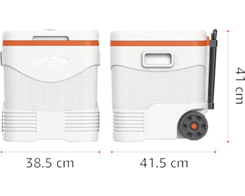 Geantă frigorifică Keep Cold cu roți și mâner, dimensiuni 38,5 centimetri lățime, 41,5 centimetri adâncime și 41 centimetri înălțime.