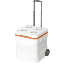 Ladă frigorifică cu roți, mâner telescopic extensibil și patru suporturi integrate pentru băuturi în capac. Keep Cold Logo.