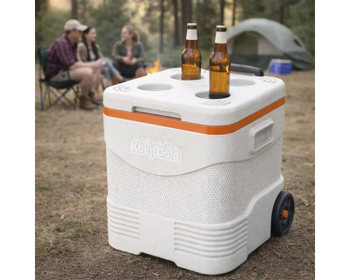 Ladă frigorifică albă pe roți cu suporturi de pahare integrate într-un decor de camping, două sticle pe capac.