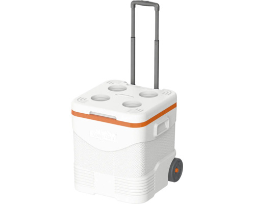 Ladă frigorifică pe roți cu mâner telescopic, Keep Cold Logo și patru suporturi pentru pahare în capac pentru camping și timp liber.