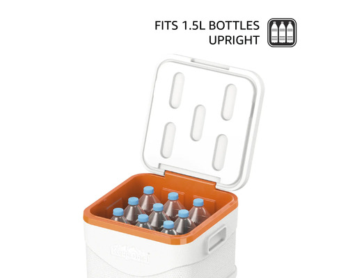 Geantă frigorifică cu capac deschis, potrivită pentru sticle de 1,5 litri în poziție verticală. Logo Keep Cold.