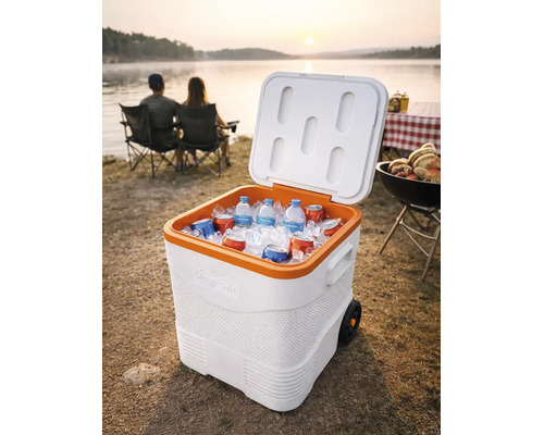 Ladă frigorifică mobilă cu roți, capac deschis, umplută cu gheață și băuturi într-un cadru exterior lângă un lac. Logo Keep Cold.