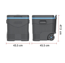 Ladă frigorifică cu roți și mâner telescopic, dimensiuni 43,5 centimetri lățime, 45,5 centimetri adâncime și 47,3 centimetri înălțime.
