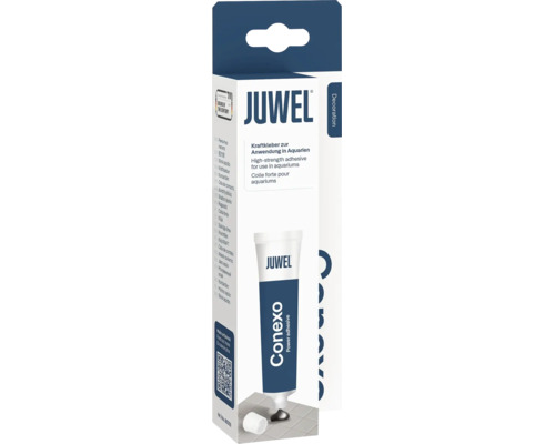 Adeziv puternic JUWEL Conexo pentru utilizare în acvarii, ambalaj și tub de adeziv.