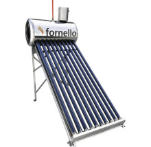 Panou solar nepresurizat Fornello cu tuburi vidate, rezervor de apă și cadru metalic.