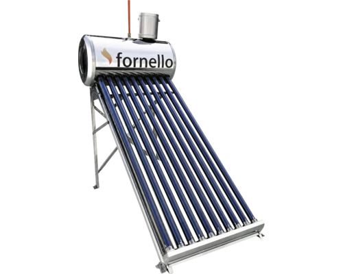 Panou solar nepresurizat Fornello cu tuburi vidate, rezervor de apă și cadru metalic.