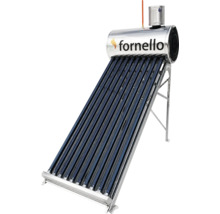 Sistem solar Fornello pentru apă caldă cu colector cu tuburi vidate și rezervor din oțel inoxidabil pe cadru metalic.