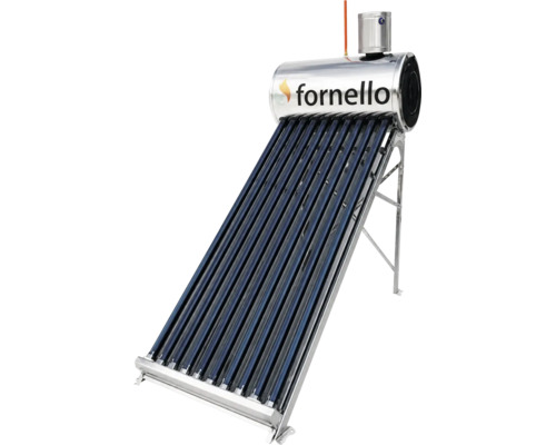 Sistem solar Fornello pentru apă caldă cu colector cu tuburi vidate și rezervor din oțel inoxidabil pe cadru metalic.