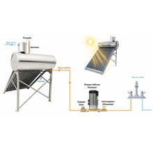 Diagramă schematică a unui sistem solar de încălzire a apei cu tuburi vidate, rezervor din inox și pompă de ridicare a presiunii.
