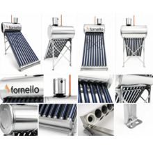 Panou solar nepresurizat Fornello cu tuburi vidate și rezervor din oțel inoxidabil, diverse vederi și detalii ale cadrului și conexiunilor.