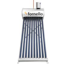 Sistem solar Fornello pentru apă caldă cu tuburi vidate, rezervor orizontal și suport metalic. Fornello Logo.