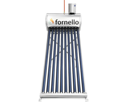 Sistem solar Fornello pentru apă caldă cu tuburi vidate, rezervor orizontal și suport metalic. Fornello Logo.