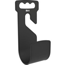 Suport de perete negru for.q din plastic pentru furtunuri de grădină sau unelte cu mâner, cârlig și for.q Logo.