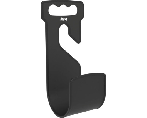 Suport de perete negru for.q din plastic pentru furtunuri de grădină sau unelte cu mâner, cârlig și for.q Logo.
