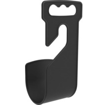 Suport negru din plastic pentru furtun de grădină cu mâner de transport integrat.