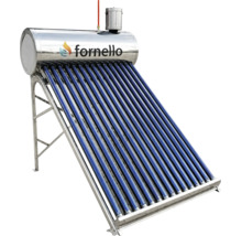 Panou solar nepresurizat Fornello cu tuburi vidate și rezervor din oțel inoxidabil pe suport metalic. Fornello Logo.