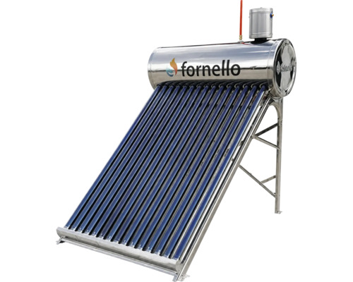 Panou solar Fornello pentru apă caldă cu tuburi vidate și rezervor orizontal de apă pe un suport metalic.