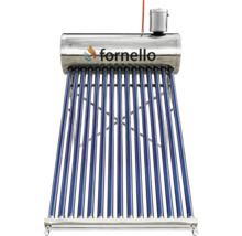 Sistem solar Fornello pentru apă caldă cu rezervor din oțel inoxidabil și colectoare cu tuburi vidate.