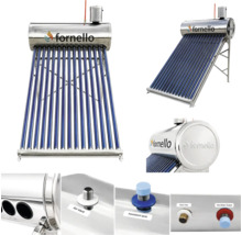 Încălzitor solar de apă Fornello cu tuburi vidate, rezervor din oțel inoxidabil, detalii ale conexiunilor și Fornello Logo.