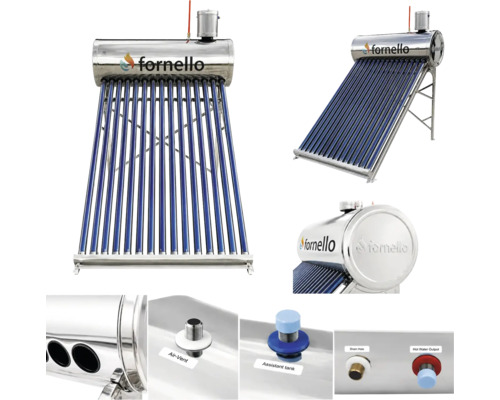 Încălzitor solar de apă Fornello cu tuburi vidate, rezervor din oțel inoxidabil, detalii ale conexiunilor și Fornello Logo.