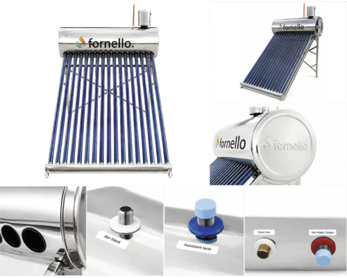 Sistem solar de încălzire a apei Fornello cu rezervor din oțel inoxidabil și tuburi vidate, inclusiv detalii ale racordurilor tehnice.