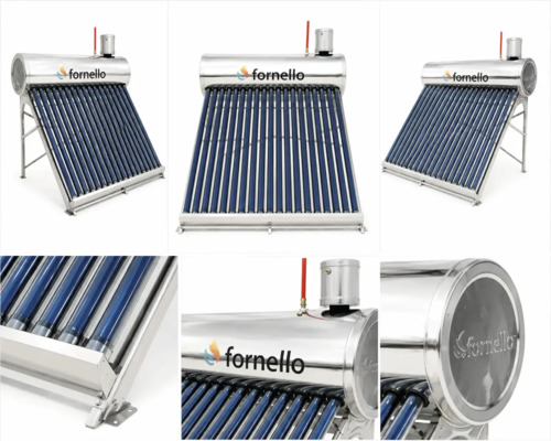 Diverse vederi ale unui sistem solar termic Fornello cu tuburi vidate, rezervor din oțel inoxidabil și cadru de montaj.