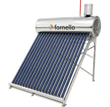 Panou solar Fornello cu tuburi vidate, rezervor din oțel inoxidabil și cadru metalic argintiu.