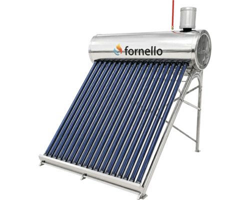 Panou solar Fornello cu tuburi vidate, rezervor din oțel inoxidabil și cadru metalic argintiu.