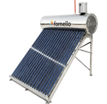 Panou solar cu tuburi vidate Fornello cu rezervor de apă caldă integrat din oțel inoxidabil pe un suport metalic.