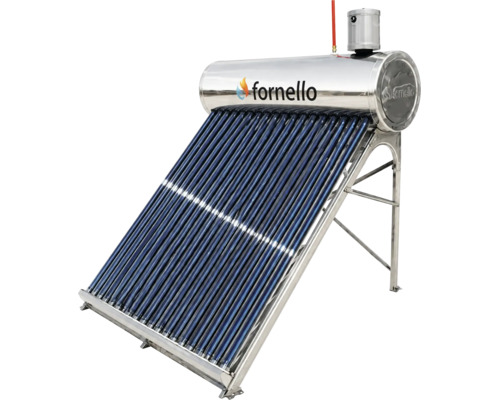 Panou solar cu tuburi vidate Fornello cu rezervor de apă caldă integrat din oțel inoxidabil pe un suport metalic.