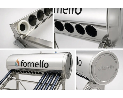 Boiler solar Fornello din oțel inoxidabil cu colectoare cu tuburi vidate și Fornello Logo.