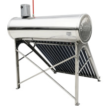 Panou solar pentru apă caldă cu rezervor din inox și tuburi vidate pe suport metalic.