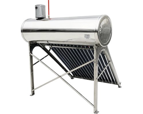 Panou solar pentru apă caldă cu rezervor din inox și tuburi vidate pe suport metalic.