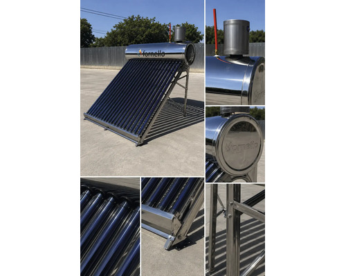 Panou solar Fornello pentru apă caldă, cu tuburi vidate și rezervor din oțel inoxidabil, montat pe un cadru metalic.