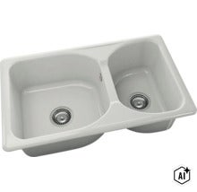 Chiuvetă încorporabilă cu două cuve din ceramică albă cu ventile cu sită. (Image AI modified or generated)
