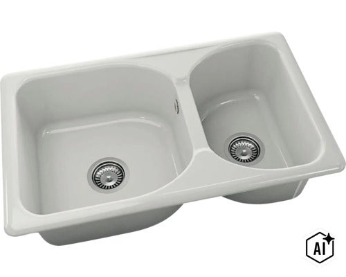 Chiuvetă încorporabilă cu două cuve din ceramică albă cu ventile cu sită. (Image AI modified or generated)