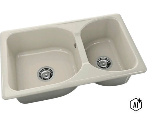 Chiuvetă încorporabilă cu două cuve de dimensiuni diferite din ceramică, inclusiv ventil cu sită și preaplin integrat. (Image AI modified or generated)