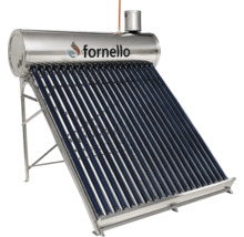 Logo Fornello pe un panou solar pentru încălzirea apei cu rezervor din oțel inoxidabil, tuburi vidate și cadru metalic.