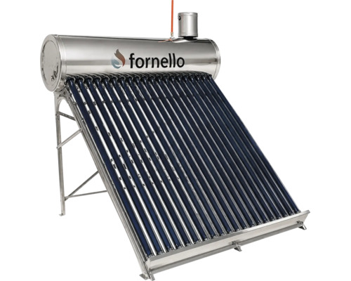 Logo Fornello pe un panou solar pentru încălzirea apei cu rezervor din oțel inoxidabil, tuburi vidate și cadru metalic.