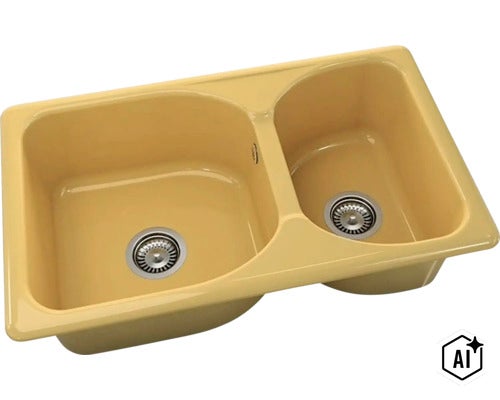 Chiuvetă dublă bej cu o cuvă mare și una mică, inclusiv ventil cu sită. (Image AI modified or generated)