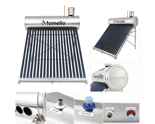 Încălzitor solar de apă Fornello cu colectoare cu tuburi vidate, rezervor și vederi detaliate ale racordurilor pentru aerisire și scurgere.
