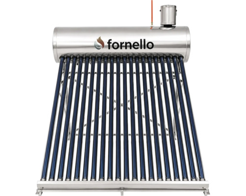 Panou solar Fornello cu rezervor orizontal din inox și tuburi vidate verticale pe un cadru metalic stabil.