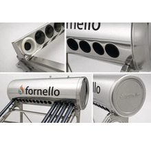 Boiler solar Fornello din inox cu tuburi vidate și Fornello Logo, detalii ale conexiunilor și garniturilor.